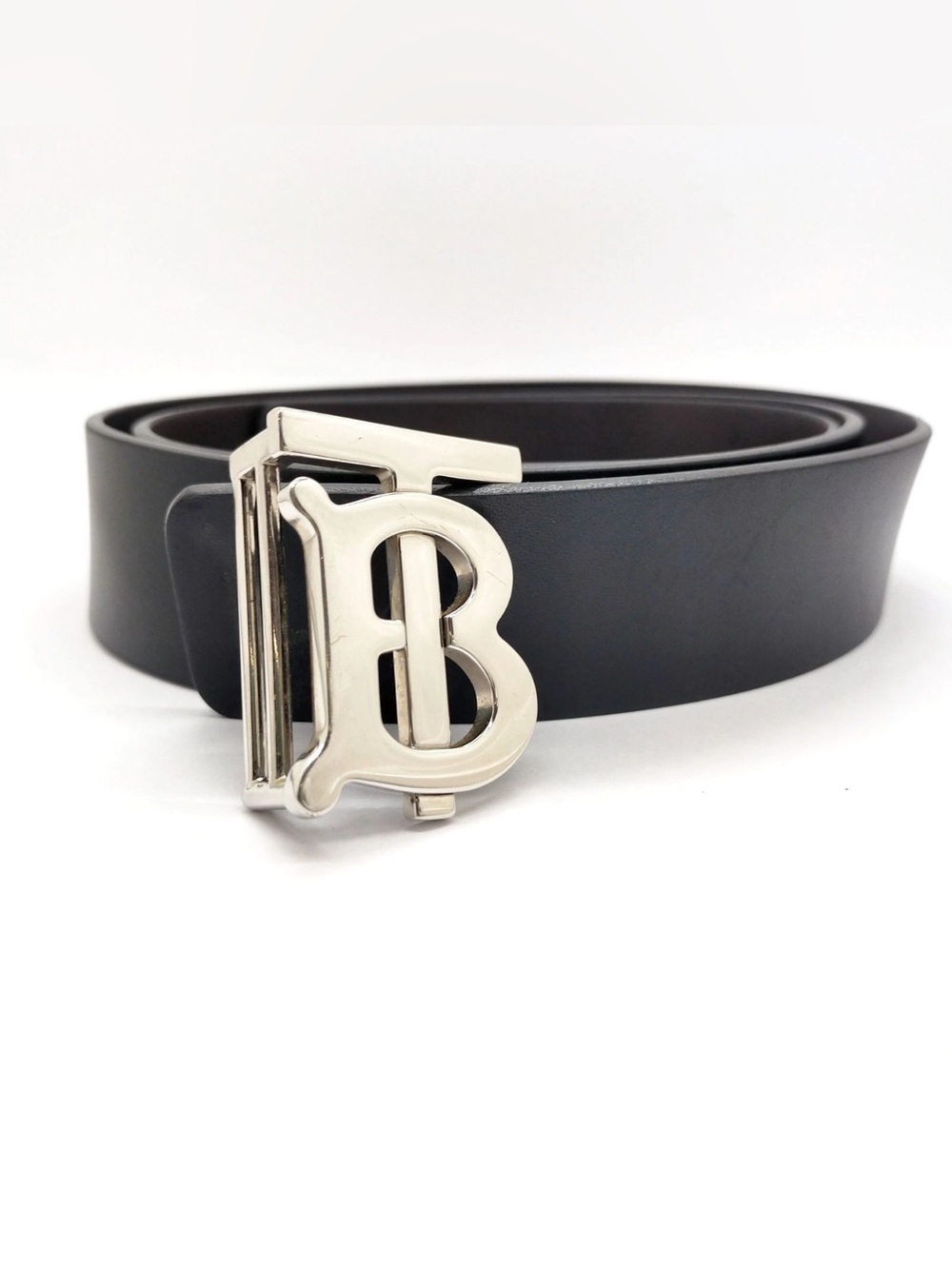 Auth Burberry 'TB' Logo Leather Black Belt